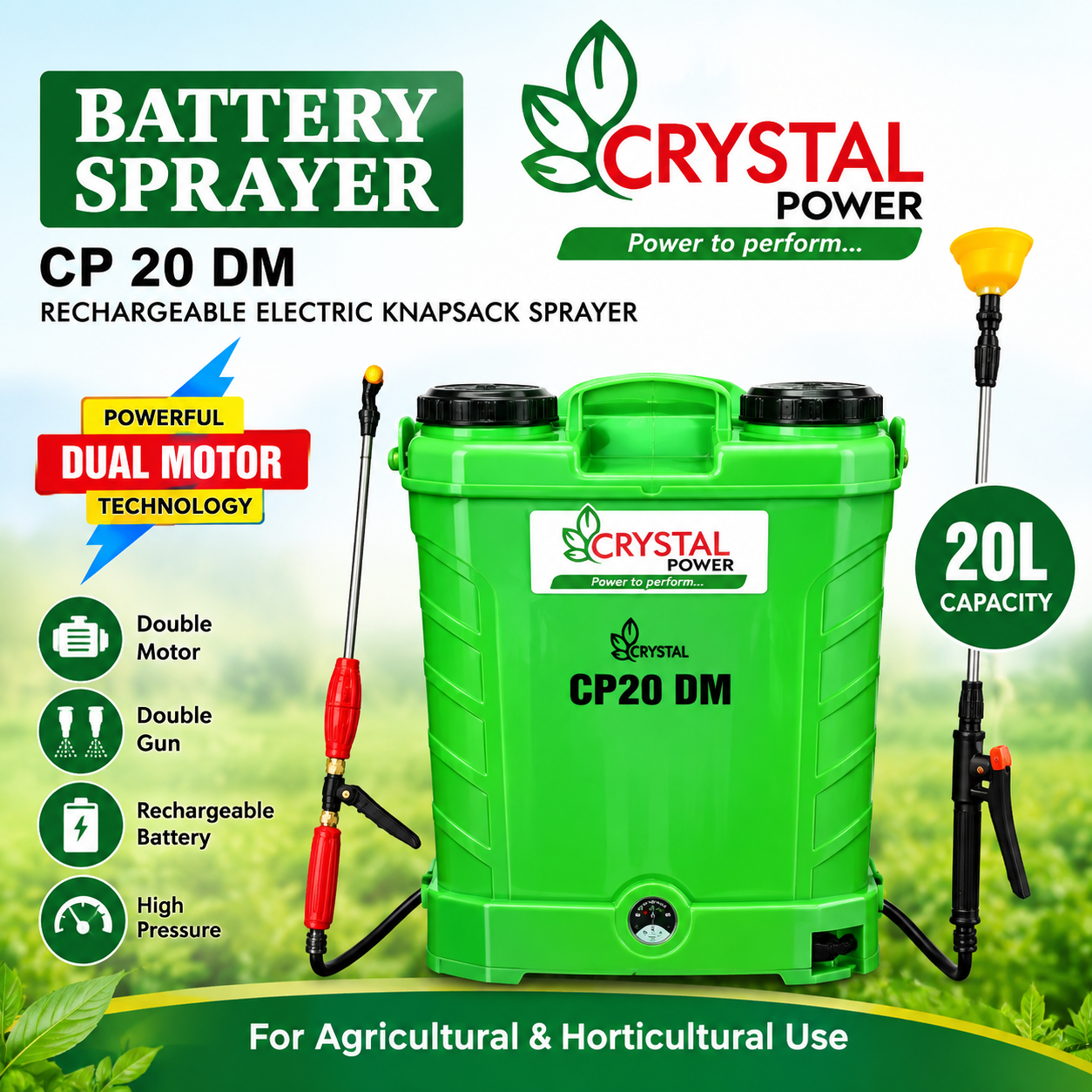Crystal Power CP-20 DM Knapsack Sprayer – Double Motor, 20 Litre